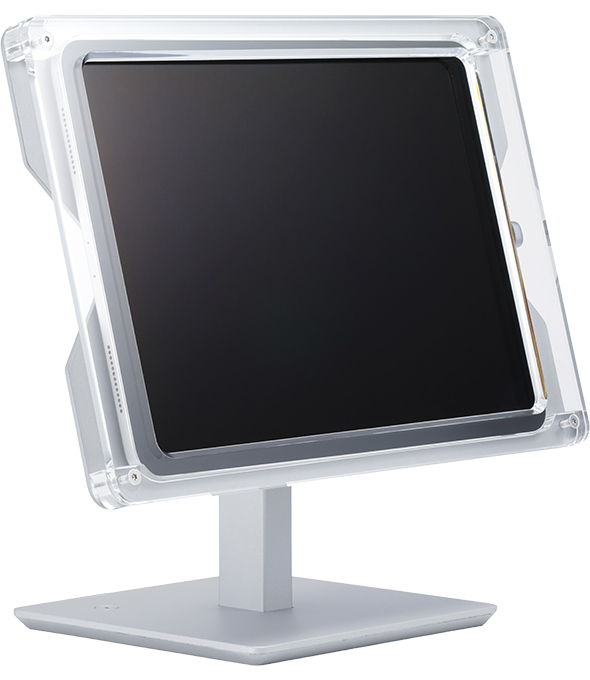 iPad盗難防止卓上スタンドT6。透明アクリルカバーとスチール製の脚部